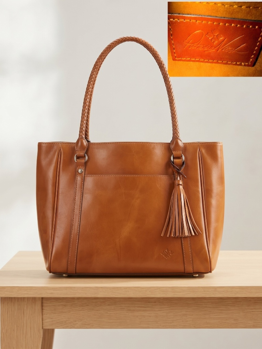 Patricia Nash Tan Leather Braided Handle Tote Bag with Tassel